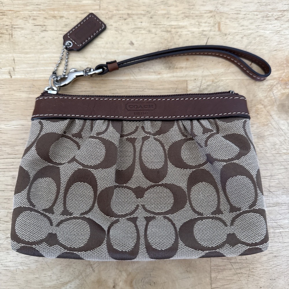 Coach Signature C Brown Tan Wristlet leather Trim & strap Charm Zipper CLEAN